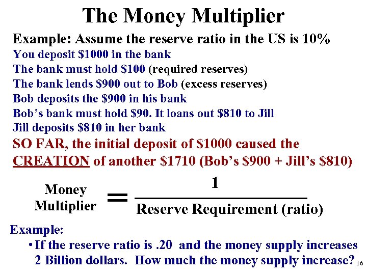 The Money Multiplier Example: Assume the reserve ratio in the US is 10% You