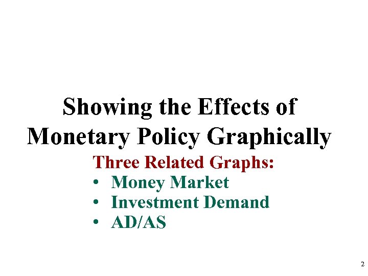 Showing the Effects of Monetary Policy Graphically Three Related Graphs: • Money Market •