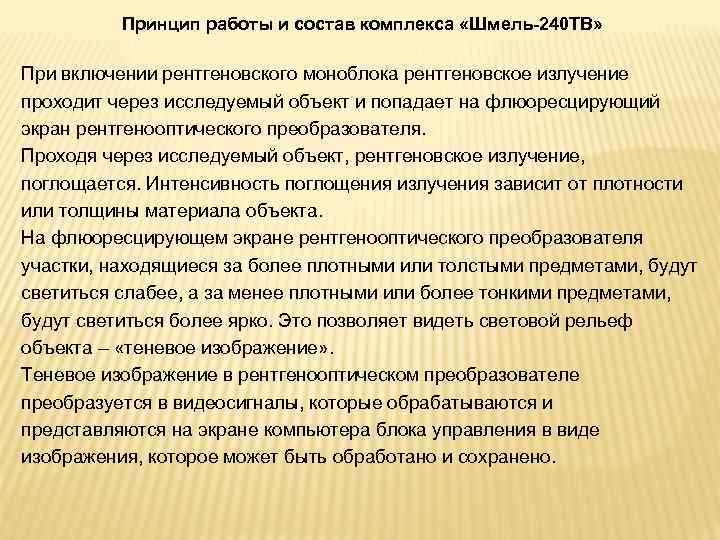Принцип работы и состав комплекса «Шмель-240 ТВ» При включении рентгеновского моноблока рентгеновское излучение проходит
