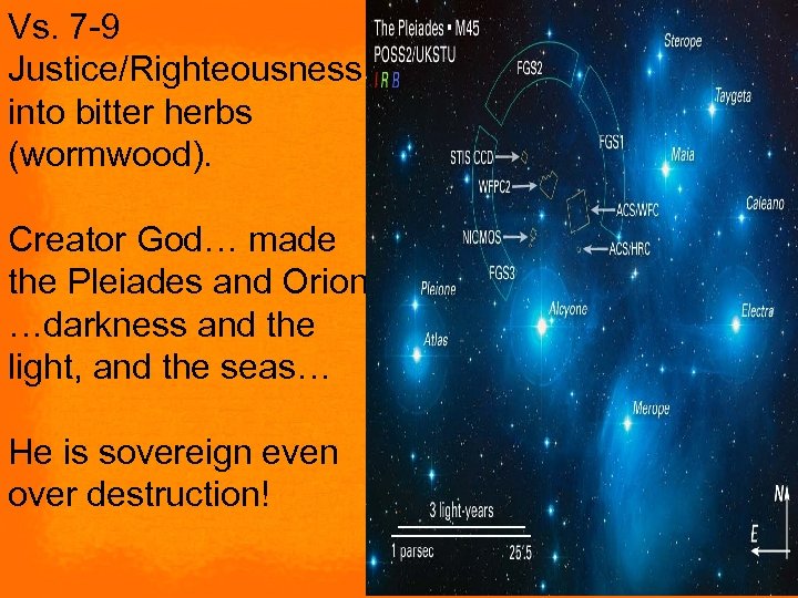 Vs. 7 -9 Justice/Righteousness into bitter herbs (wormwood). Creator God… made the Pleiades and