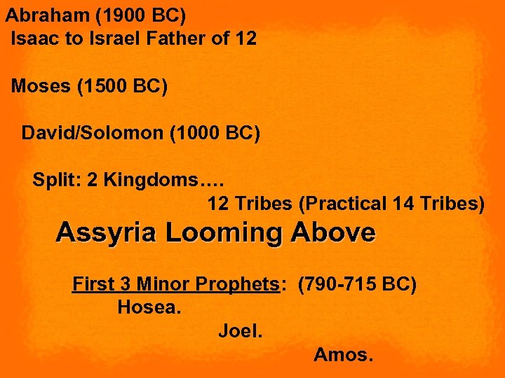 Abraham (1900 BC) Isaac to Israel Father of 12 Moses (1500 BC) David/Solomon (1000