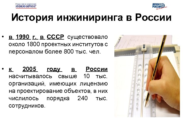 История инжиниринга в России • в 1990 г. в СССР существовало около 1800 проектных