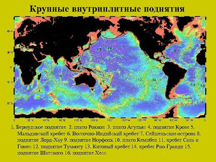 Крупные внутриплитные поднятия 1. Бермудское поднятие 2. плато Роккол 3. плато Агульяс 4. поднятие