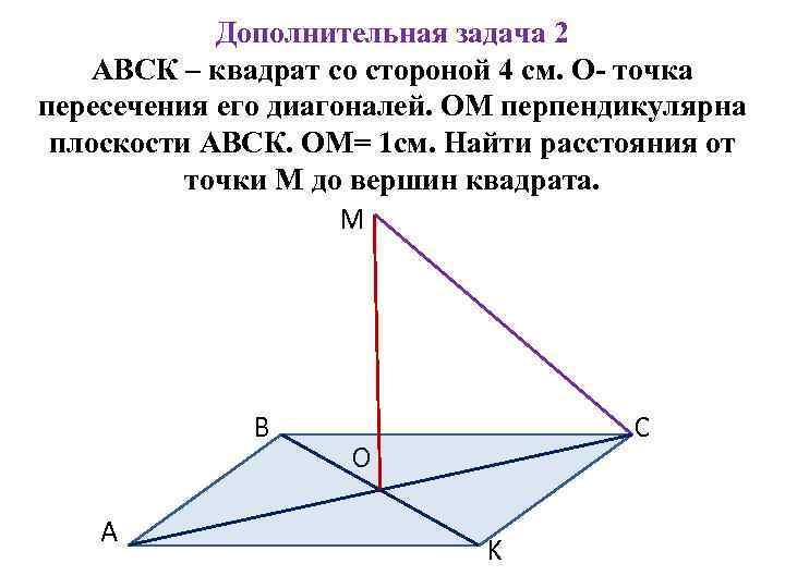 Дополнительная задача 2 АВСК – квадрат со стороной 4 см. О- точка пересечения его