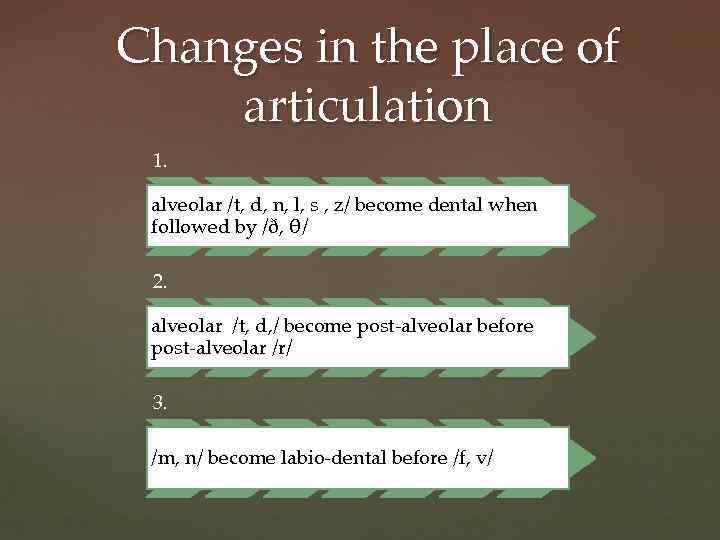 Changes in the place of articulation 1. alveolar /t, d, n, l, s ,