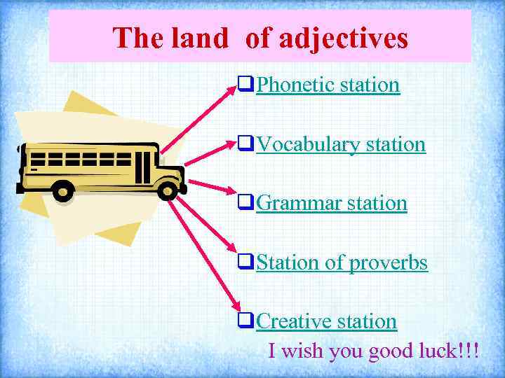 The land of adjectives q. Phonetic station q. Vocabulary station q. Grammar station q.