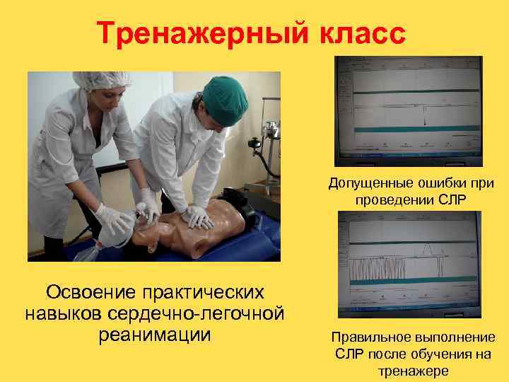 Тренажерный класс Допущенные ошибки проведении СЛР Освоение практических навыков сердечно-легочной реанимации Правильное выполнение СЛР