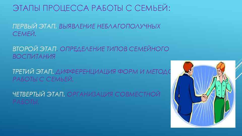 ЭТАПЫ ПРОЦЕССА РАБОТЫ С СЕМЬЕЙ: ПЕРВЫЙ ЭТАП. ВЫЯВЛЕНИЕ НЕБЛАГОПОЛУЧНЫХ СЕМЕЙ. ВТОРОЙ ЭТАП. ОПРЕДЕЛЕНИЕ ТИПОВ