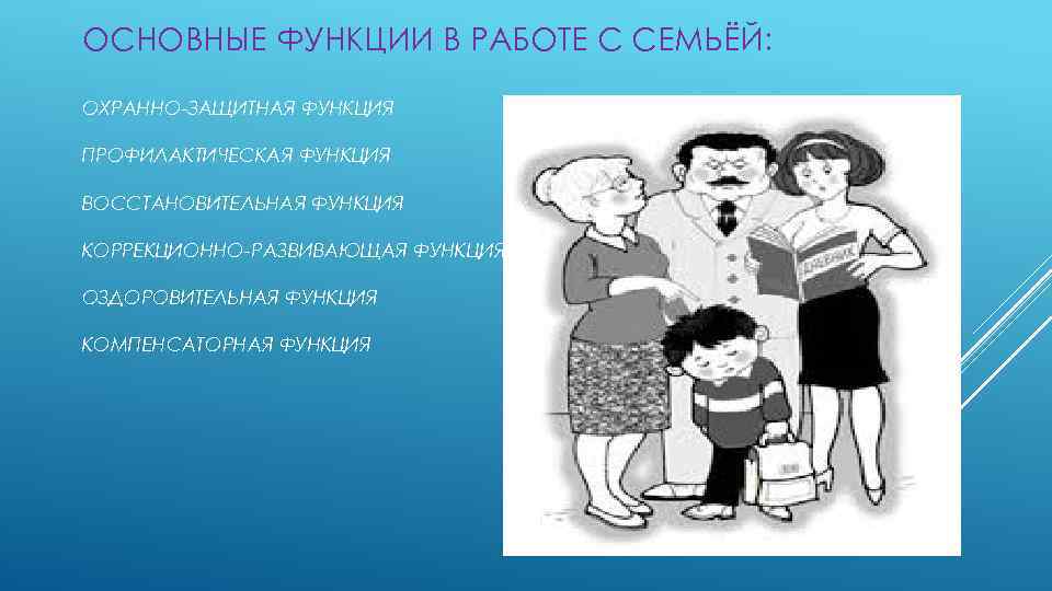 ОСНОВНЫЕ ФУНКЦИИ В РАБОТЕ С СЕМЬЁЙ: ОХРАННО-ЗАЩИТНАЯ ФУНКЦИЯ ПРОФИЛАКТИЧЕСКАЯ ФУНКЦИЯ ВОССТАНОВИТЕЛЬНАЯ ФУНКЦИЯ КОРРЕКЦИОННО-РАЗВИВАЮЩАЯ ФУНКЦИЯ