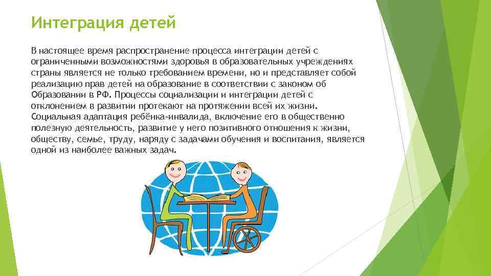 Интеграция детей В настоящее время распространение процесса интеграции детей с ограниченными возможностями здоровья в
