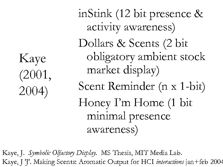 Kaye (2001, 2004) in. Stink (12 bit presence & activity awareness) Dollars & Scents