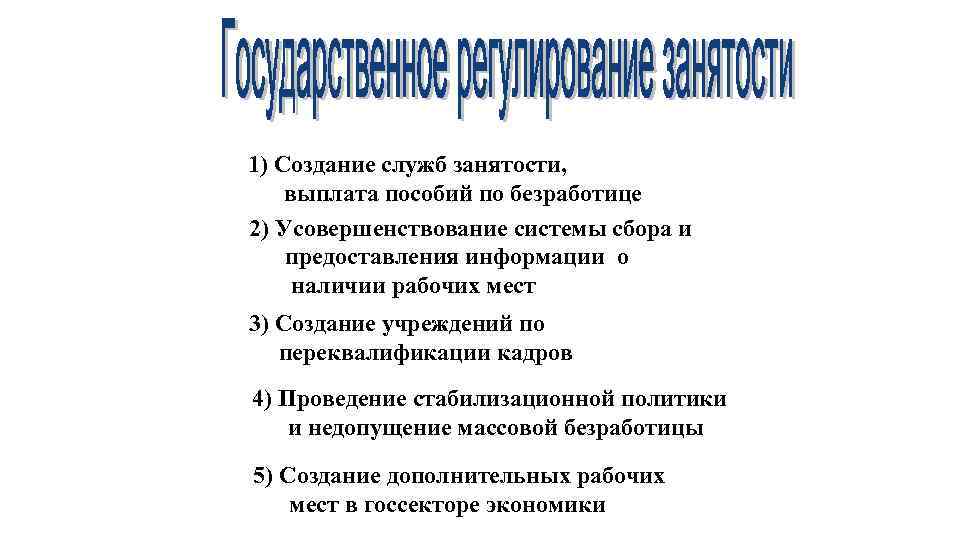 1) Создание служб занятости, выплата пособий по безработице 2) Усовершенствование системы сбора и предоставления