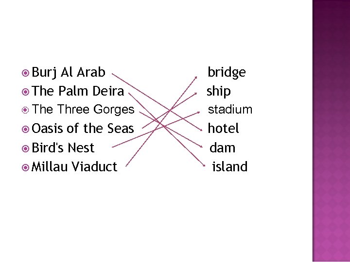  Burj Al Arab The Palm Deira bridge ship The stadium Three Gorges Oasis