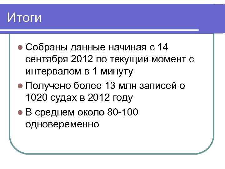 Итоги Собраны данные начиная с 14 сентября 2012 по текущий момент с интервалом в