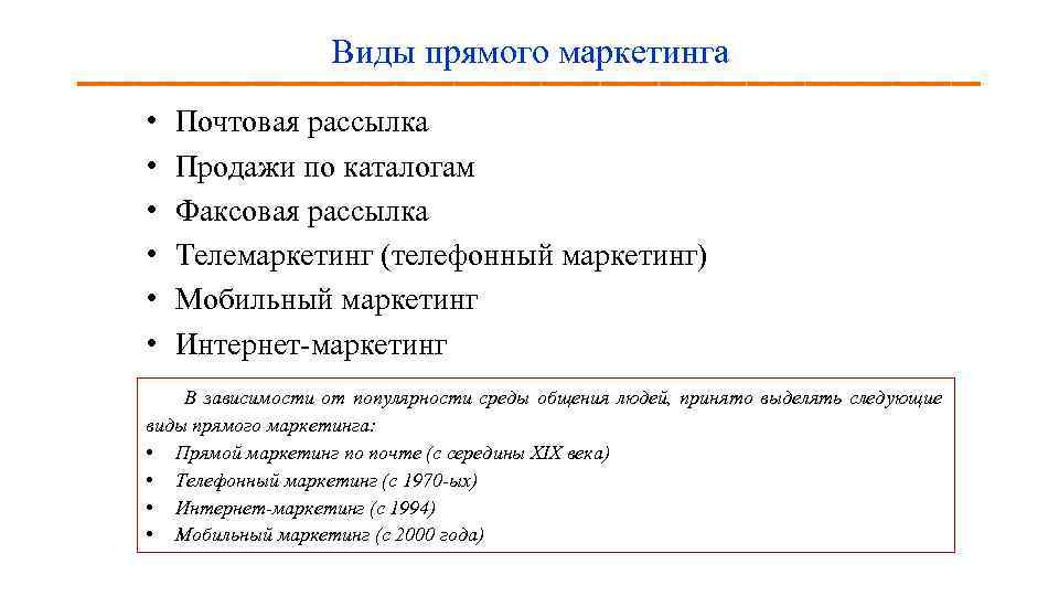 Виды прямого маркетинга • • • Почтовая рассылка Продажи по каталогам Факсовая рассылка Телемаркетинг