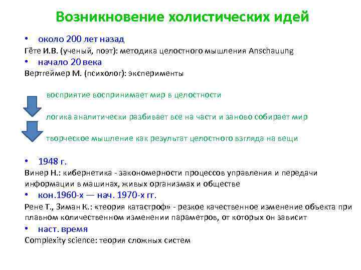 Возникновение холистических идей • около 200 лет назад Гёте И. В. (ученый, поэт): методика