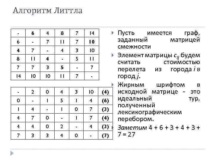 Алгоритм Литтла - 6 4 8 7 6 - 7 11 7 10 4