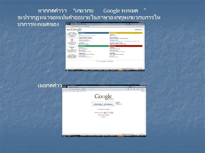 หากกดคำวา “เกยวกบ Google ทงหมด ” จะปรากฏหนาจอทเปนคำอธบายในภาษาองกฤษเกยวกบการให บรการทงหมดของ Google ดงน เมอกดคำวา Google. com in English