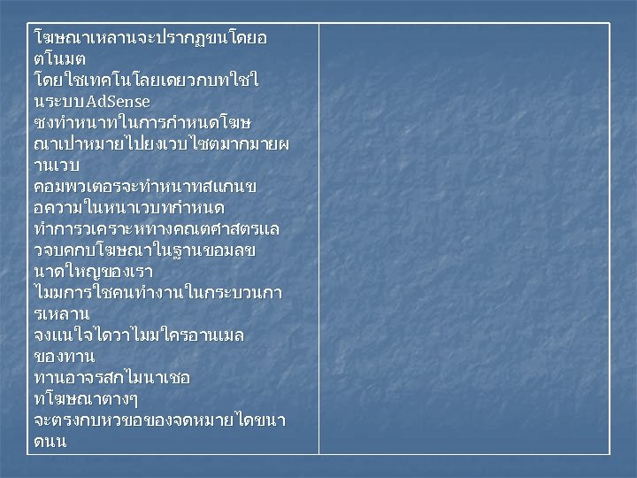 โฆษณาเหลานจะปรากฏขนโดยอ ตโนมต โดยใชเทคโนโลยเดยวกบทใชใ นระบบ Ad. Sense ซงทำหนาทในการกำหนดโฆษ ณาเปาหมายไปยงเวบไซตมากมายผ านเวบ คอมพวเตอรจะทำหนาทสแกนข อความในหนาเวบทกำหนด ทำการวเคราะหทางคณตศาสตรแล วจบคกบโฆษณาในฐานขอมลข นาดใหญของเรา