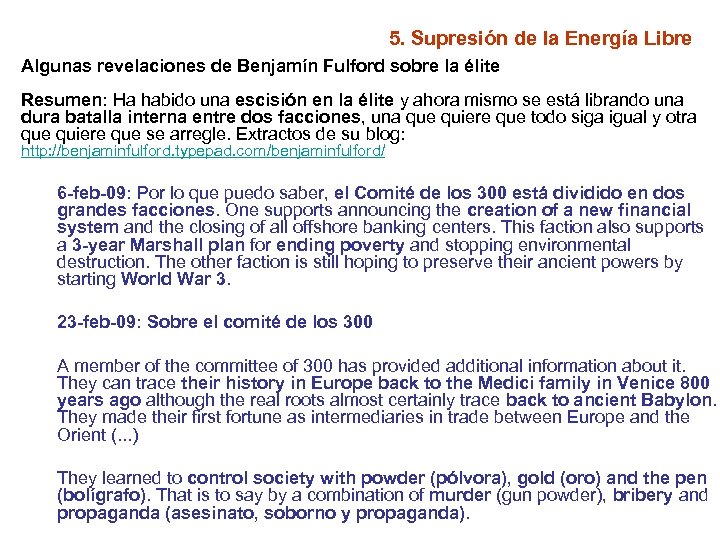 5. Supresión de la Energía Libre Algunas revelaciones de Benjamín Fulford sobre la élite