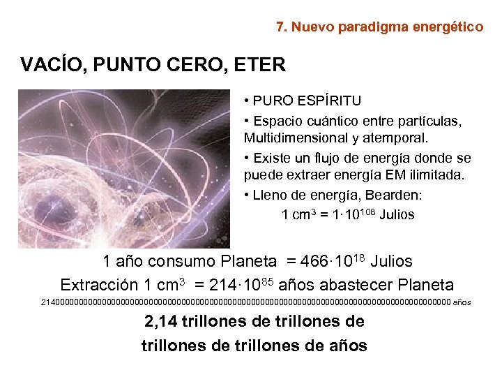 7. Nuevo paradigma energético VACÍO, PUNTO CERO, ETER • PURO ESPÍRITU • Espacio cuántico