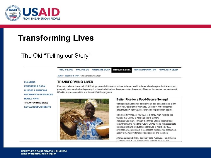Transforming Lives The Old “Telling our Story” KNOWLEDGE SHARING WORKSHOPS Bureau for Legislative and