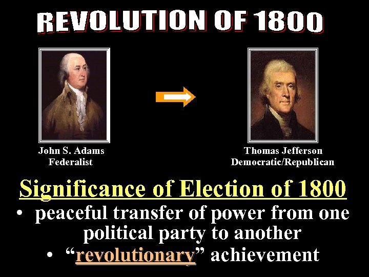  John S. Adams Thomas Jefferson Federalist Democratic/Republican Significance of Election of 1800 •