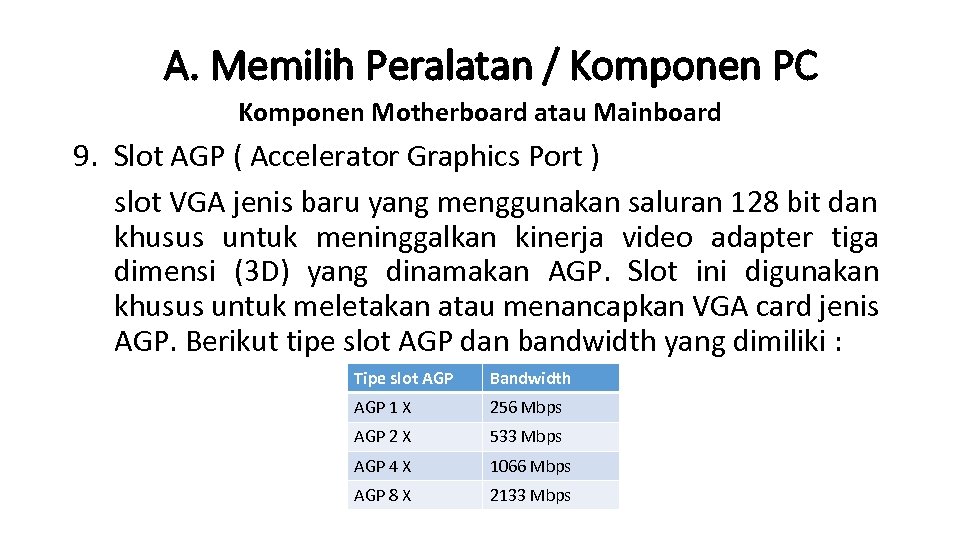 A. Memilih Peralatan / Komponen PC Komponen Motherboard atau Mainboard 9. Slot AGP (