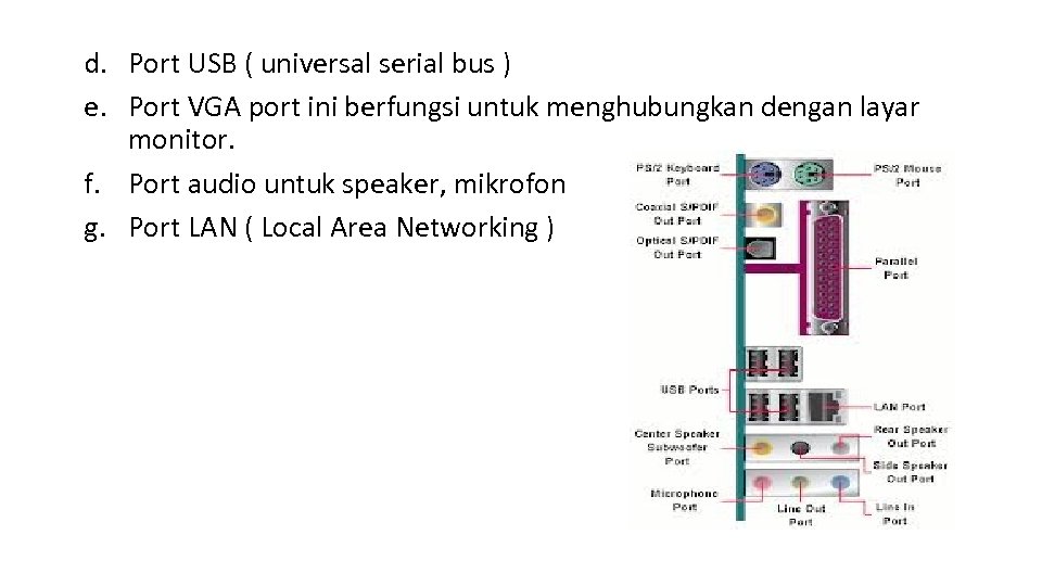 d. Port USB ( universal serial bus ) e. Port VGA port ini berfungsi