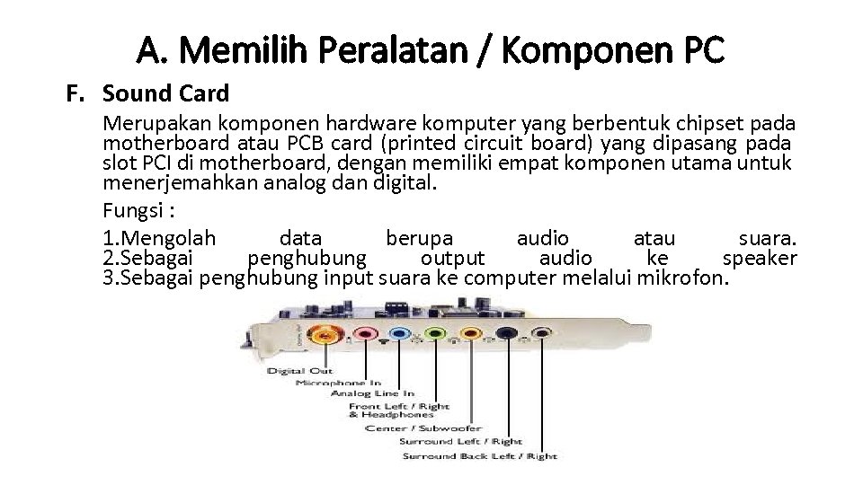 A. Memilih Peralatan / Komponen PC F. Sound Card Merupakan komponen hardware komputer yang