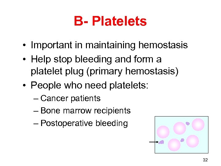 B- Platelets • Important in maintaining hemostasis • Help stop bleeding and form a