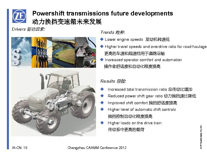 Powershift transmissions future developments 动力换挡变速箱未来发展 Drivers 驱动因素: Trends 趋势: u Lower engine speeds 发动机转速低