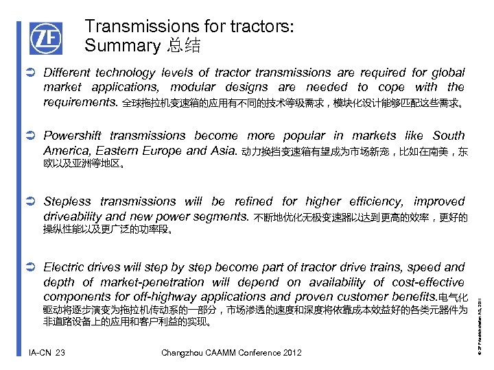 Transmissions for tractors: Summary 总结 Different technology levels of tractor transmissions are required for