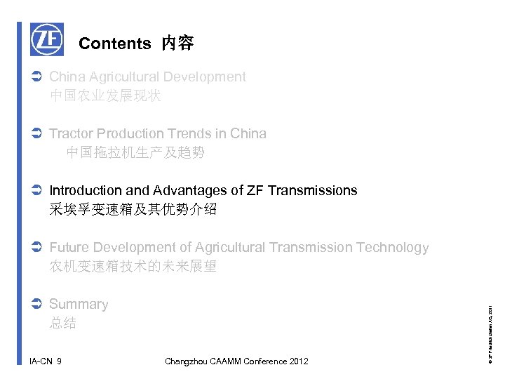 Contents 内容 China Agricultural Development 中国农业发展现状 Tractor Production Trends in China 中国拖拉机生产及趋势 Introduction and