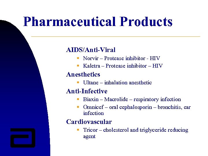 Pharmaceutical Products AIDS/Anti-Viral § Norvir – Protease inhibitor - HIV § Kaletra – Protease