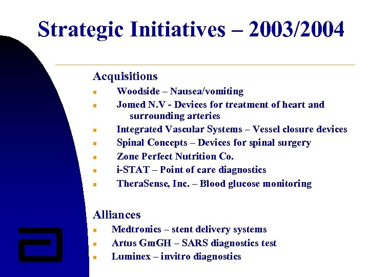 Strategic Initiatives – 2003/2004 Acquisitions n n n n Woodside – Nausea/vomiting Jomed N.
