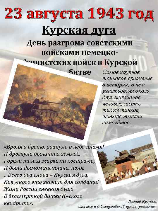 23 августа 1943 год Курская дуга День разгрома советскими войсками немецкофашистских войск в Курской