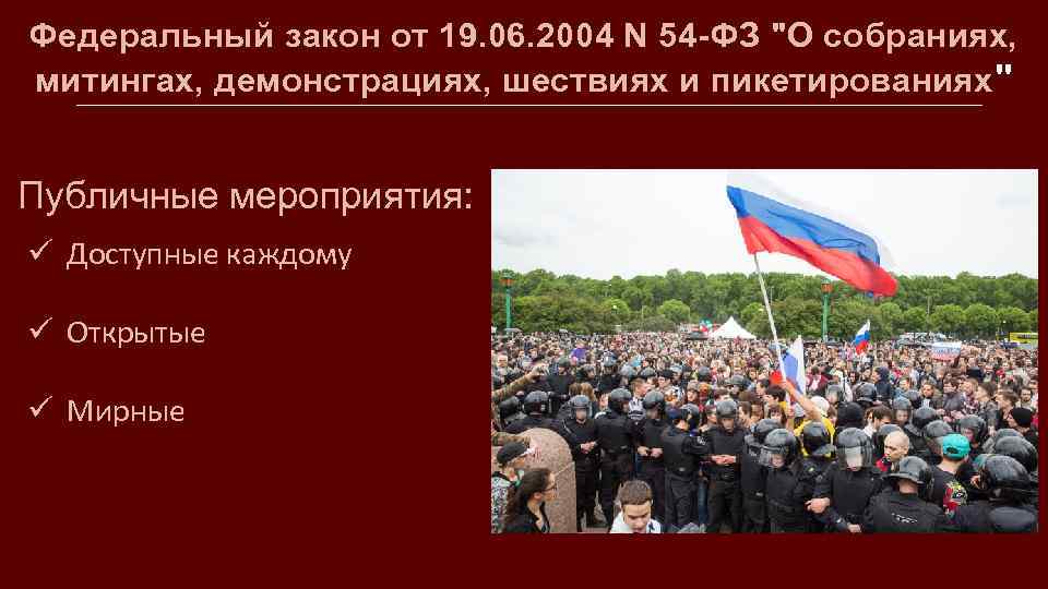Федеральный закон от 19. 06. 2004 N 54 -ФЗ "О собраниях, митингах, демонстрациях, шествиях