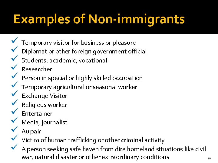 Examples of Non-immigrants ü Temporary visitor for business or pleasure ü Diplomat or other