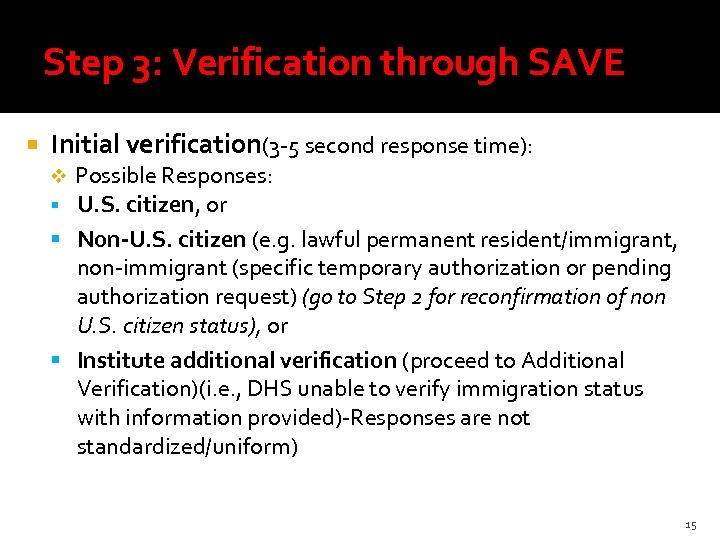 Step 3: Verification through SAVE Initial verification(3 -5 second response time): Possible Responses: U.