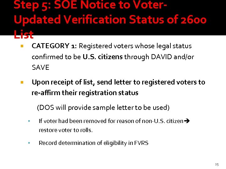 Step 5: SOE Notice to Voter. Updated Verification Status of 2600 List CATEGORY 1: