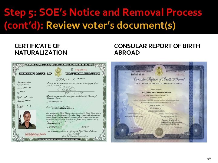 Step 5: SOE’s Notice and Removal Process (cont’d): Review voter’s document(s) CERTIFICATE OF NATURALIZATION