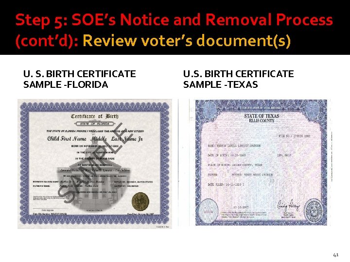 Step 5: SOE’s Notice and Removal Process (cont’d): Review voter’s document(s) U. S. BIRTH