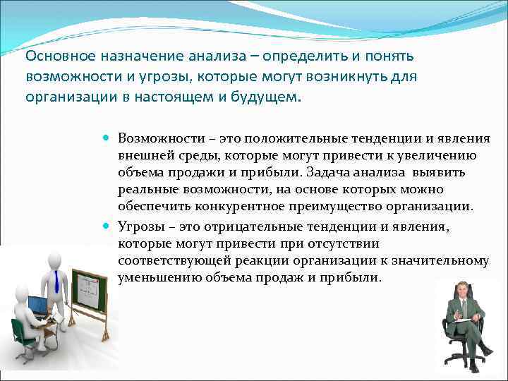 Основное назначение анализа – определить и понять возможности и угрозы, которые могут возникнуть для