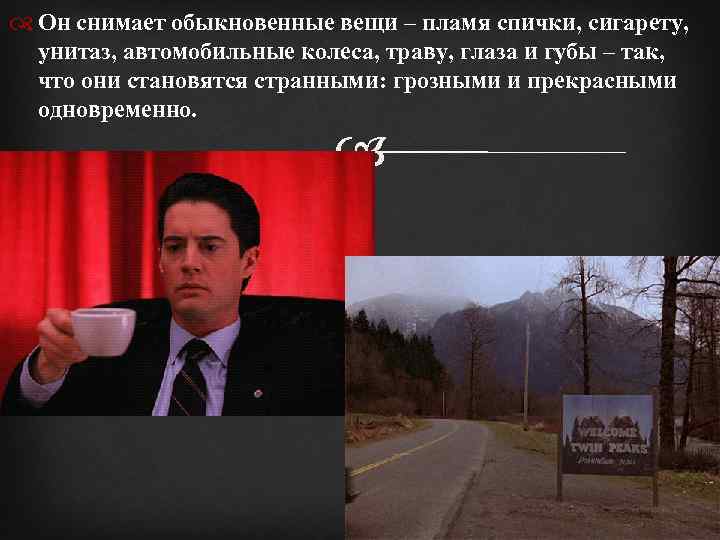  Он снимает обыкновенные вещи – пламя спички, сигарету, унитаз, автомобильные колеса, траву, глаза