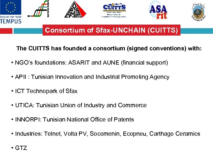 Consortium of Sfax-UNCHAIN (CUITTS) The CUITTS has founded a consortium (signed conventions) with: •