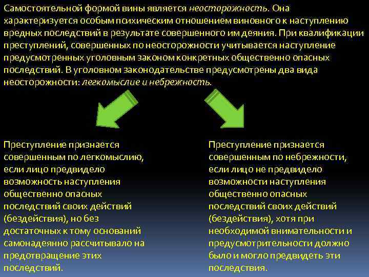 Самостоятельной формой вины является неосторожность. Она характеризуется особым психическим отношением виновного к наступлению вредных