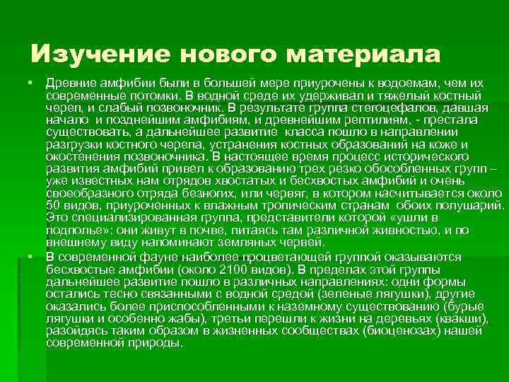 Изучение нового материала § Древние амфибии были в большей мере приурочены к водоемам, чем