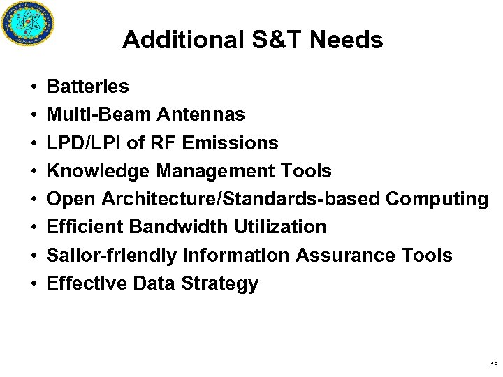 Additional S&T Needs • • Batteries Multi-Beam Antennas LPD/LPI of RF Emissions Knowledge Management