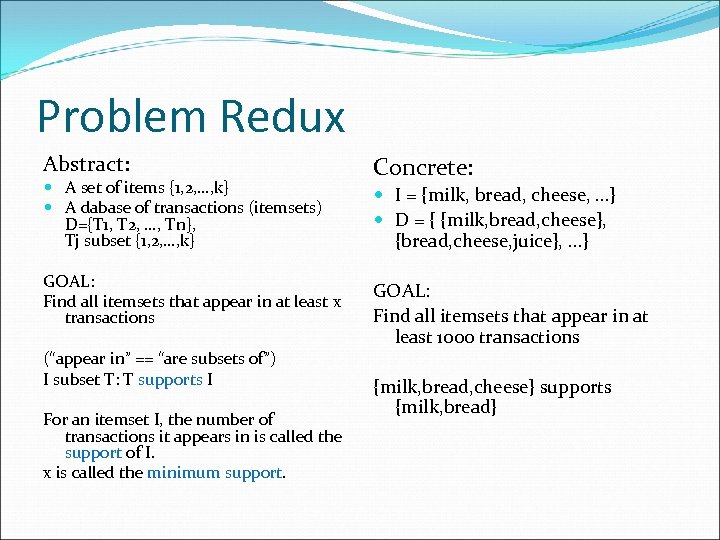 Problem Redux Abstract: A set of items {1, 2, …, k} A dabase of